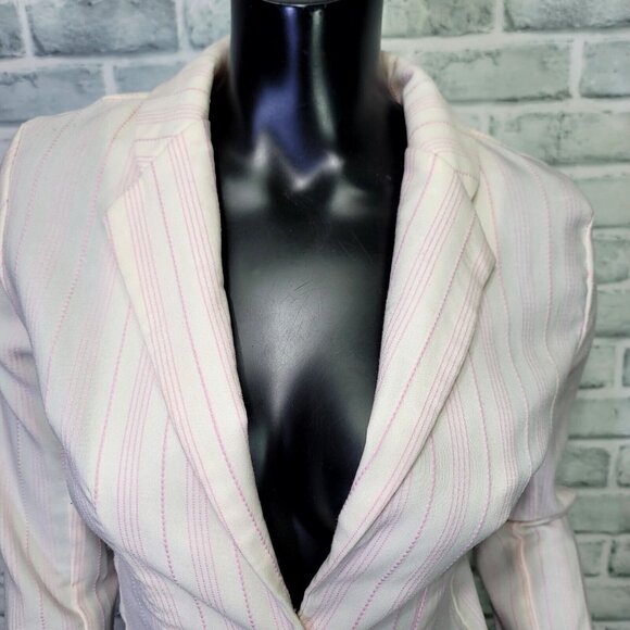 Vintage 90s Y2K Toy Box Jrs 3 White Pink Stitched Pinstriped‎ Tailored Blazer - Picture 2 of 9